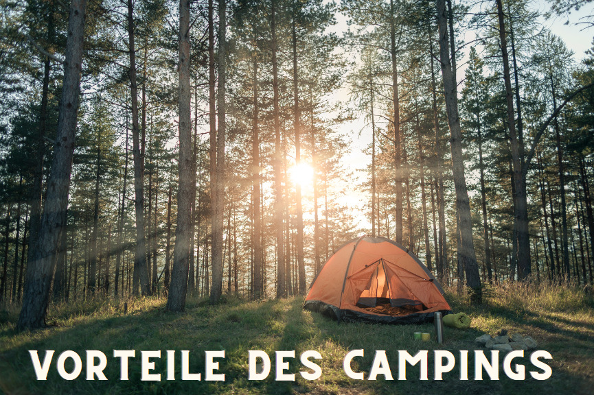 Auf dem Bild ist ein Zelt im Welt zu sehen, auf dem steht die Vorteile des Campings.